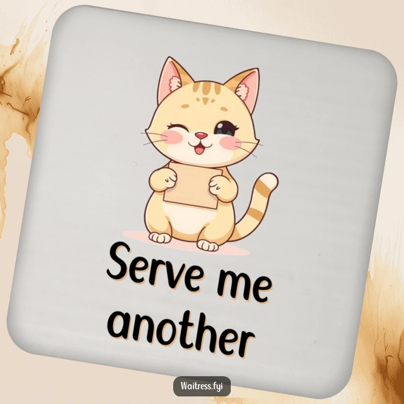 Funny cat order taker drink coasters showing a happy cat taking an order, protecting surfaces with humor.