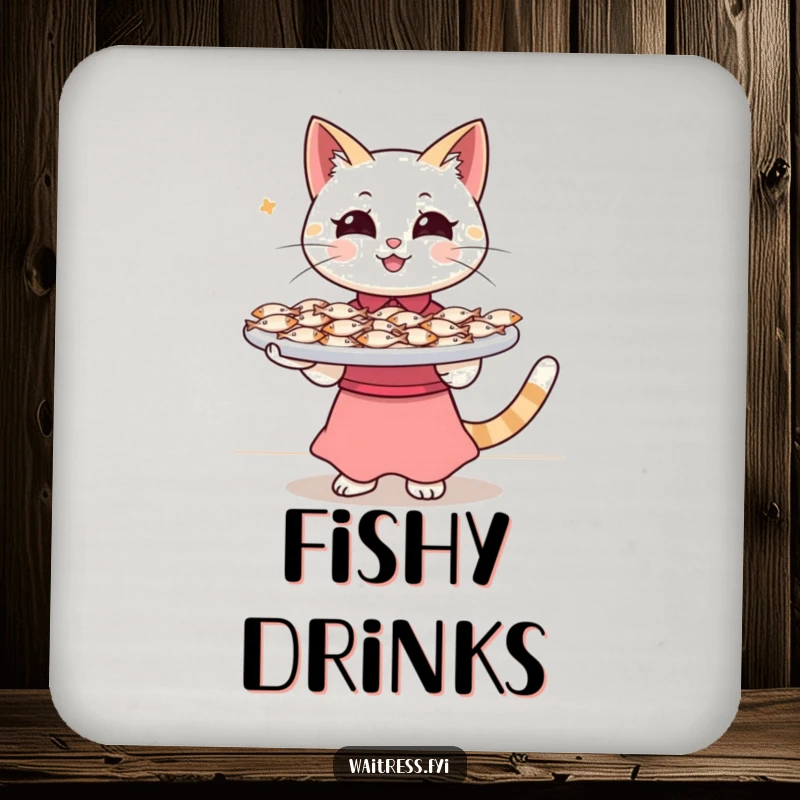 Funny Cat Waitress Coasters: A happy cat waitress balancing a tray of tiny fish, offering humorous and feline protection for tables.