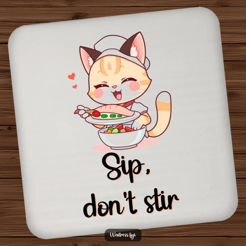 Funny cat waitress drink coasters, winking playfully while serving, protecting surfaces with feline charm and humor.