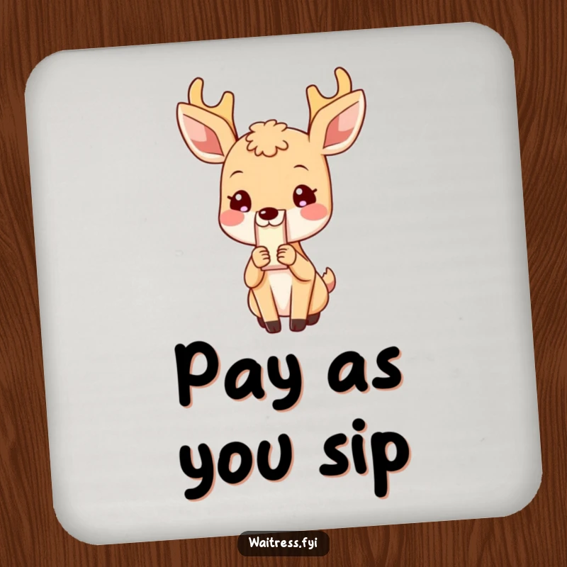 Funny Deer Coaster: Blushing deer presenting a bill, representing politeness and gentle humor, a fantastic funny gift.