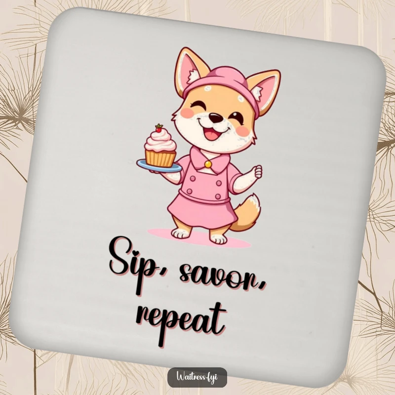 Funny Dog Waitress Coasters (Set of 4) showing a smiling dog playfully balancing a dessert, adding sweet humor to tabletops.