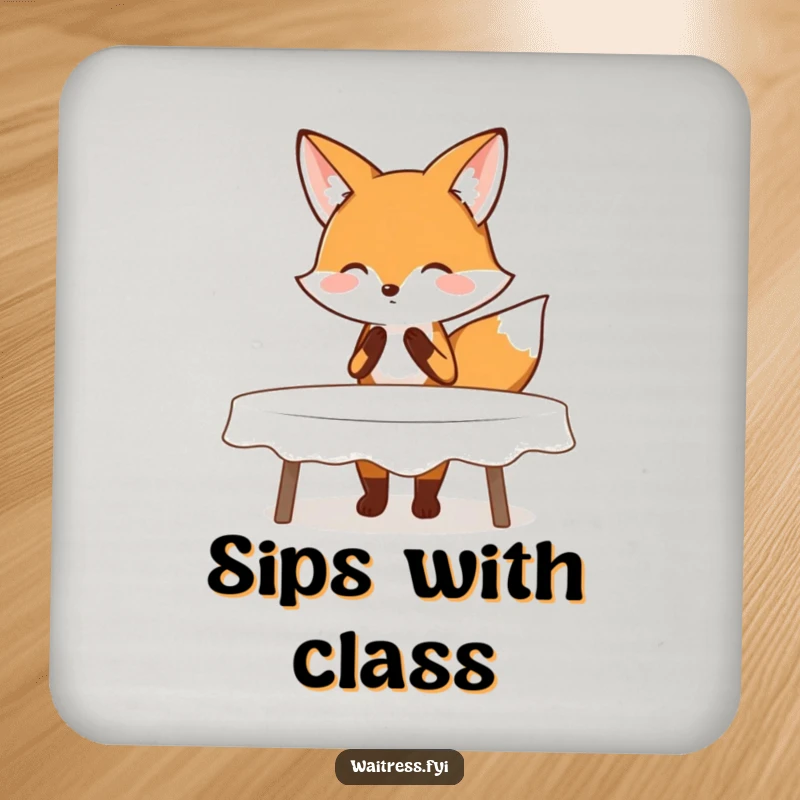 Funny drink coaster with a blushing fox performing a polite curtsy while clearing a table, protecting surfaces with grace and humor.