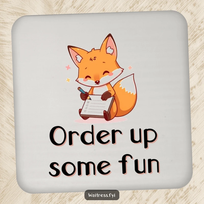 Funny fox order taker drink coasters showing a playful fox scribbling on a notepad, protecting surfaces with humor.