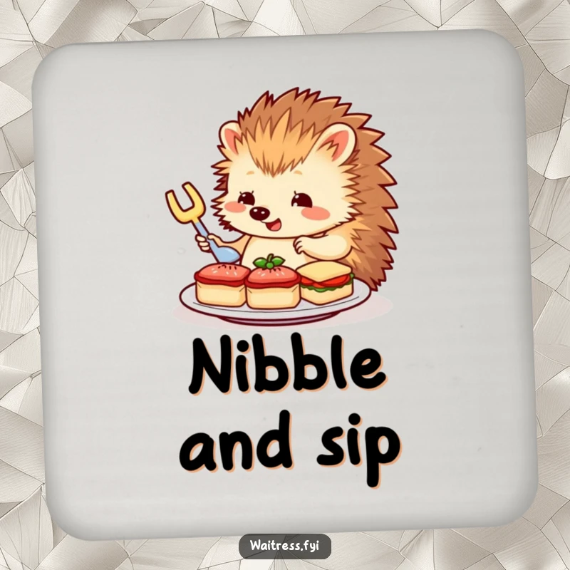 Funny Hedgehog Coaster: Features a charming hedgehog carefully arranging miniature sandwiches, a small piece of refined humor for your drinks.