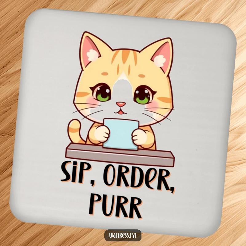 Funny Kawaii Cat Coaster: A cute, polite cat waiting to take your order, protecting surfaces with charm.