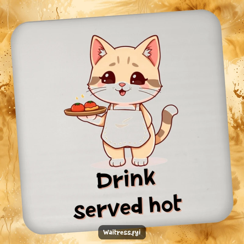 Funny Kawaii cat waiter coasters featuring a cute cat in an apron balancing a food tray, protecting surfaces.