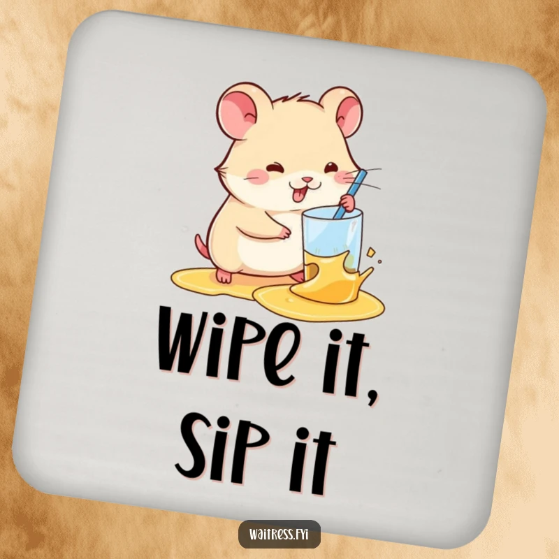 Funny Kawaii Hamster Drink Coaster: An illustration of a cute hamster efficiently wiping up a spilled beverage.