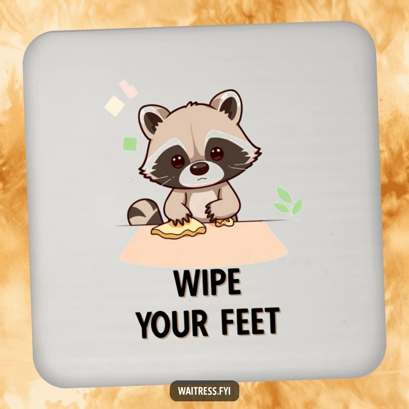 Funny drink coasters with a busy Kawaii raccoon wiping a table, offering stylish surface protection with a cleaning theme.