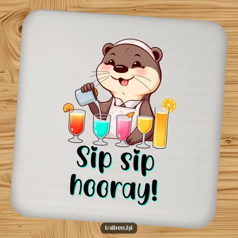 Funny otter waitress coaster set featuring a smiling otter pouring colorful drinks with a flourish, designed for table protection with a humorous and elegant design.