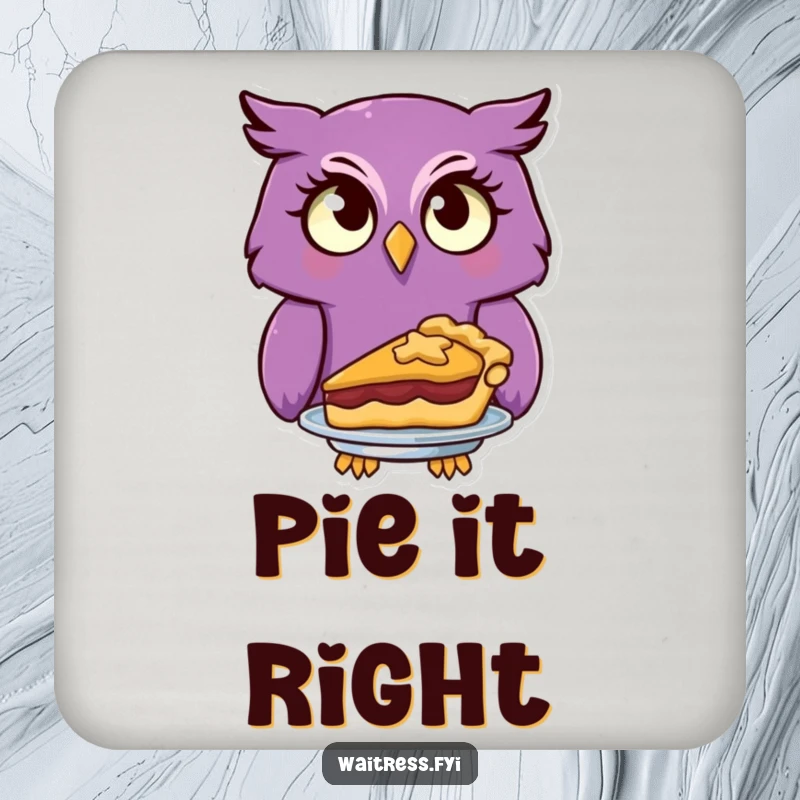 A curious purple owl character serves a delicious pie on this funny coaster, protecting surfaces with charm.