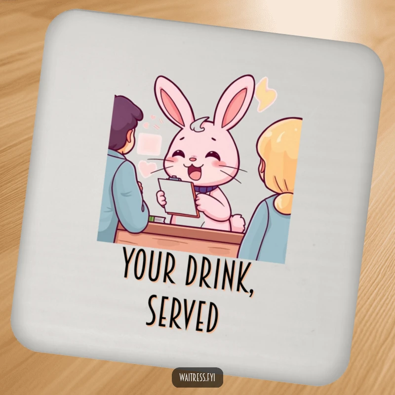 Funny pink rabbit character with a notepad, cheerfully taking an order, on a drink coaster, a funny table gift.