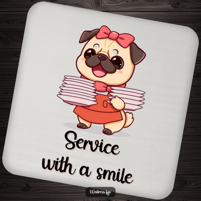 Funny Pug Waitress Coasters (Set of 4) depicting a beaming pug waitress artfully balancing a stack of plates, adding humor to tabletops.