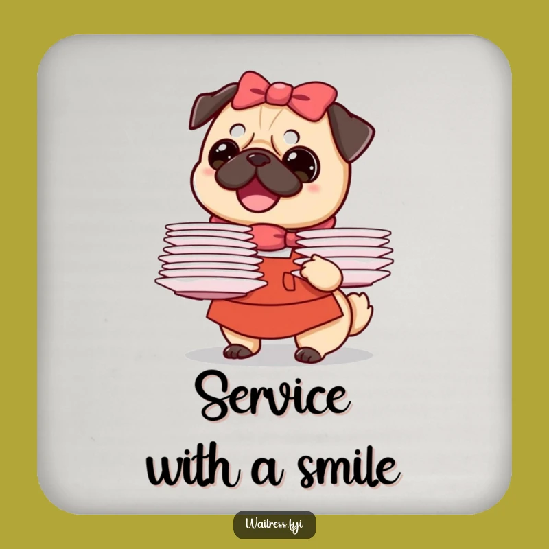 Funny Pug Waitress Coasters (Set of 4): Protect Surfaces with Cute Dog Art, Gift Idea
