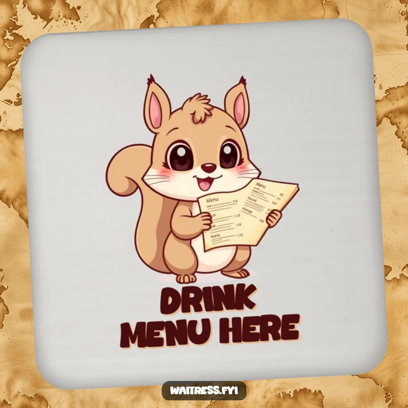 Funny drink coaster with a giggling squirrel holding a menu with large eyes, adding cute and witty humor.