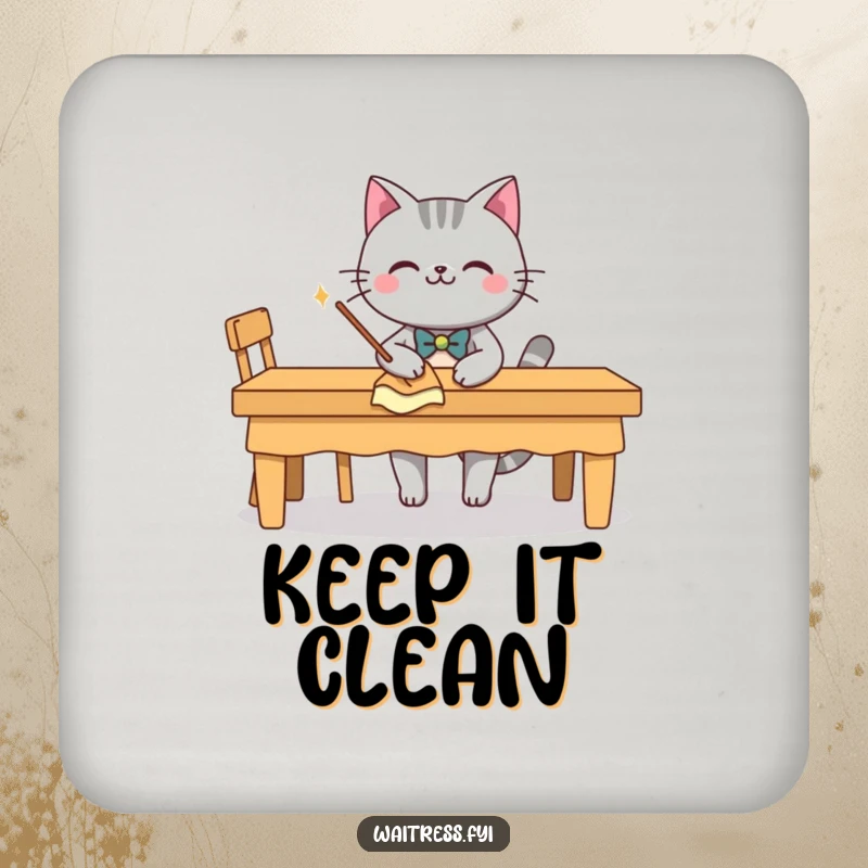 Funny grey cat character with a bow tie, smiling and wiping a table, on a drink coaster, a funny table gift.