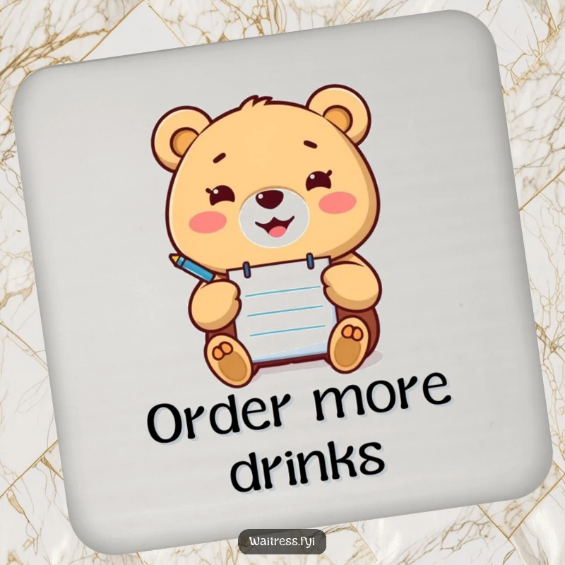 Funny Kawaii bear coasters with a happy bear holding a notepad and pen, ready to take orders, for table protection.