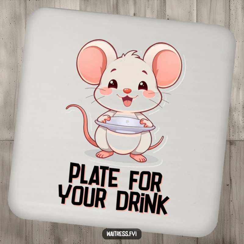 Funny Kawaii mouse coasters with a smiling mouse presenting a plate with a flourish, protecting surfaces with style.