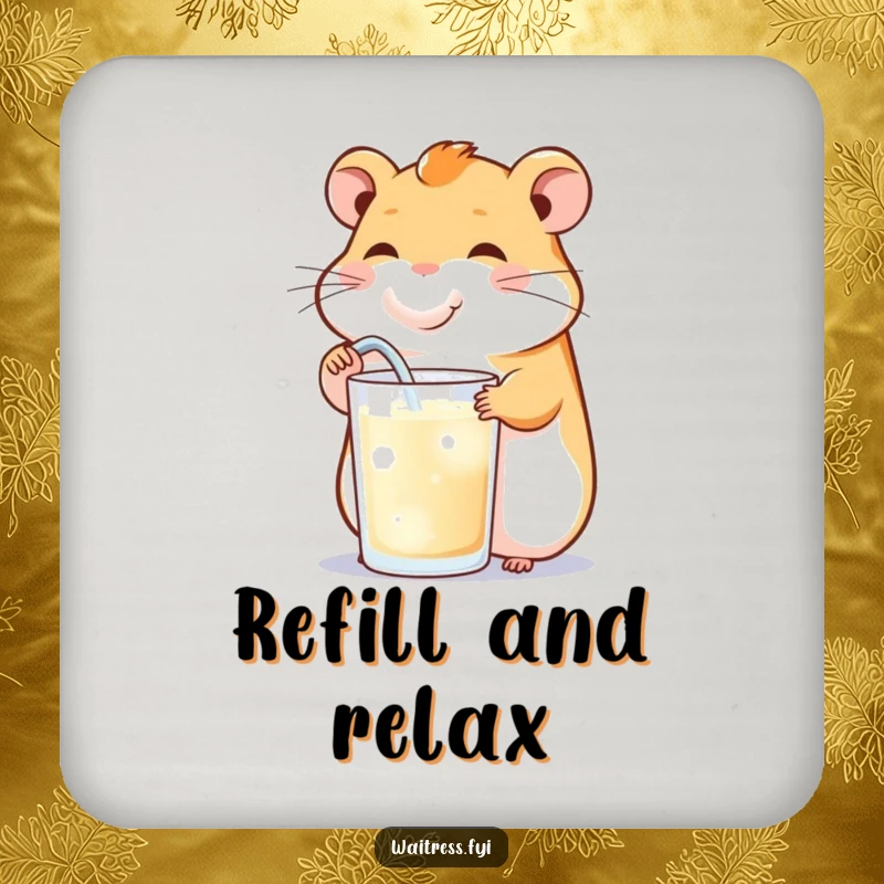 Funny drink coaster with a happy hamster cheekily refilling a drink, protecting surfaces with cheer and humor.