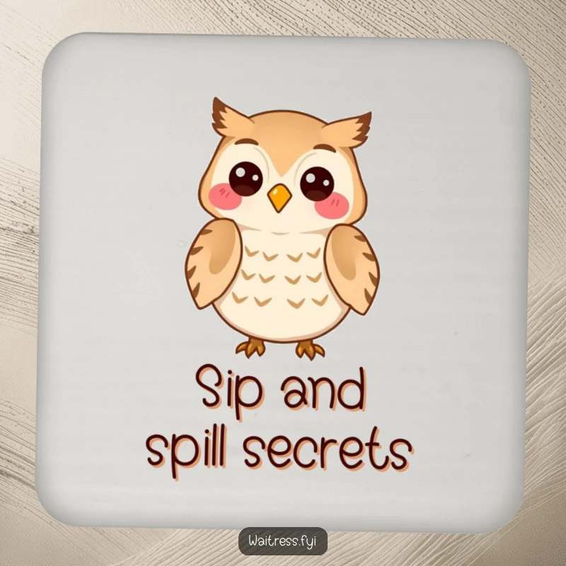 Funny Owl Listener Coasters featuring a cheerful owl character attentively listening with a knowing smile, protecting surfaces with care.