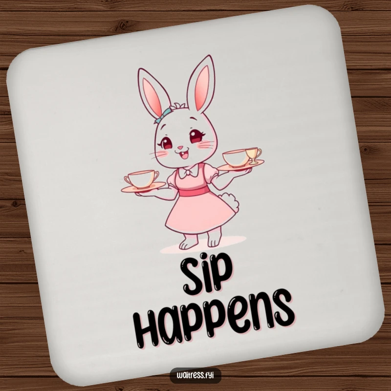 Funny Bunny Waitress Coasters featuring a cheerful bunny with teacups, protecting surfaces and serving as a funny gift.