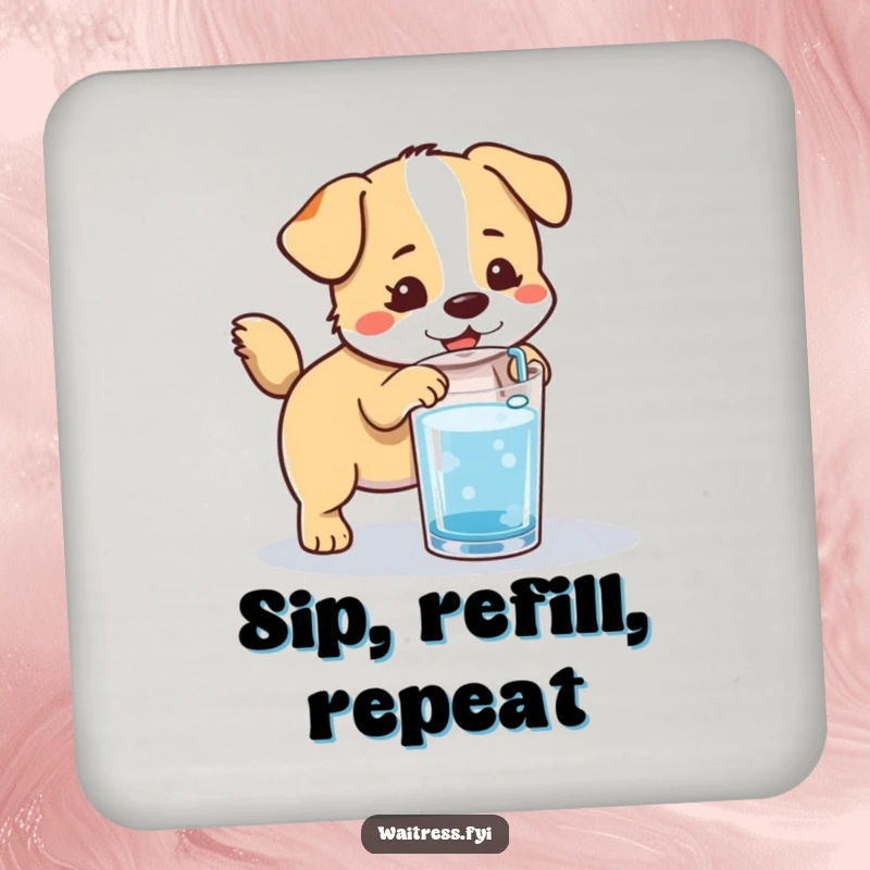 Funny Kawaii Dog Coaster: A cute, tail-wagging dog refilling a glass, protecting surfaces with charm.