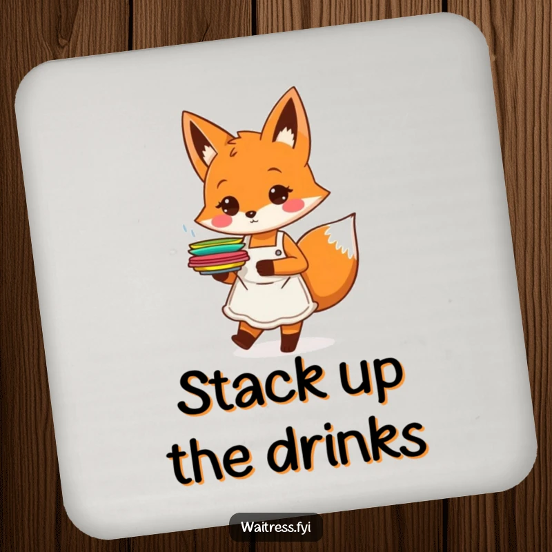 Funny orange fox character with an apron, happily carrying plates, on a drink coaster, a funny table gift.