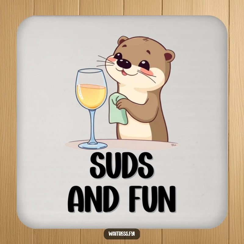 Funny Otter Bartender Coasters featuring a happy otter polishing a wine glass, protecting surfaces and serving as a funny gift.