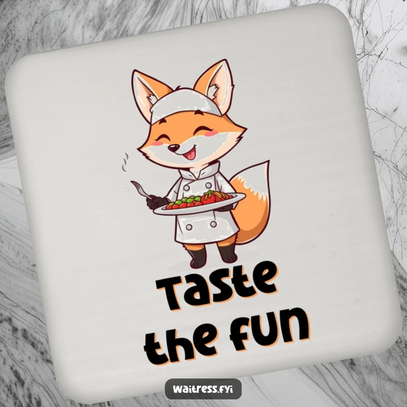 Funny Fox Chef Coasters featuring a smiling fox chef presenting a dish, protecting surfaces and serving as a funny gift.