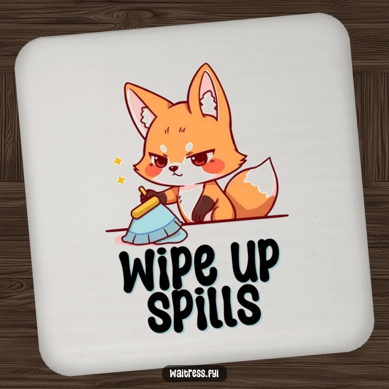 Funny playful fox character determinedly wiping a table on a drink coaster, protecting surfaces with a focus on cleanliness.