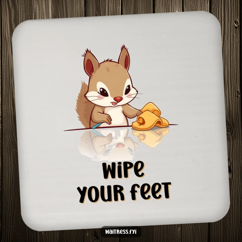 Funny squirrel cleaning drink coasters showing a squirrel wiping a table, protecting furniture with humor.