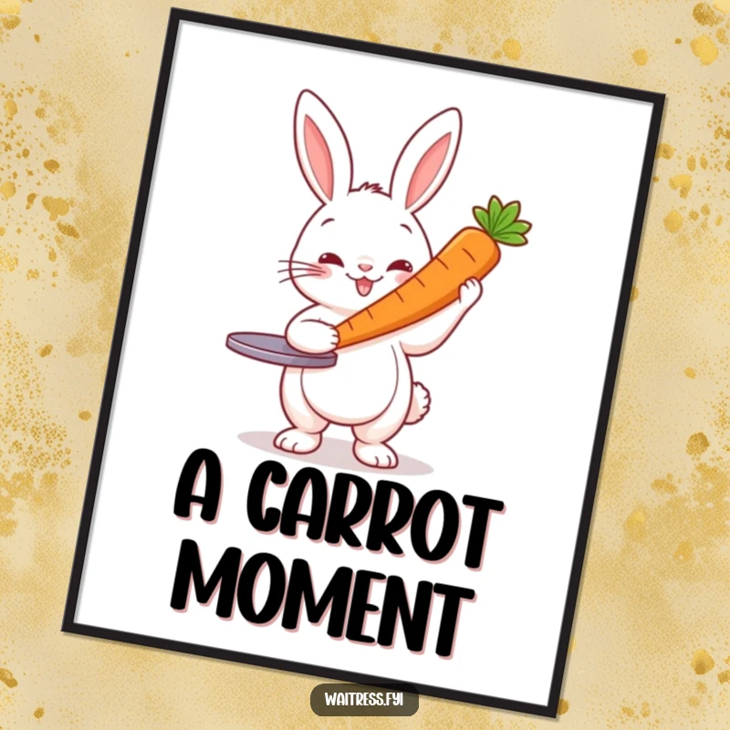 Funny Rabbit Server Poster: Cheerful rabbit presenting a carrot, whimsical and humorous wall art print.