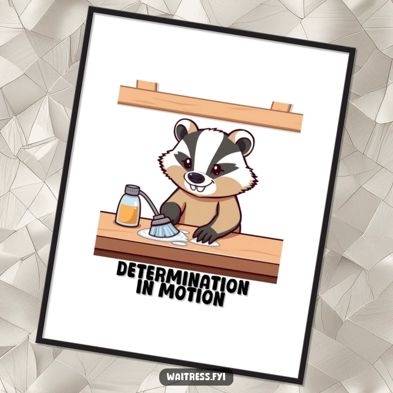 Funny poster of a badger intensely wiping a table with a determined grin, embodying a strong will to clean.