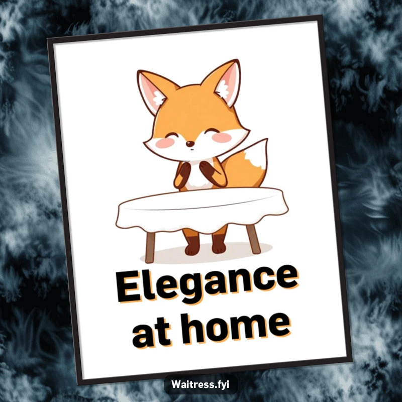 Funny poster of a blushing fox executing a polite curtsy while clearing a table, perfect for sophisticated and humorous wall art.