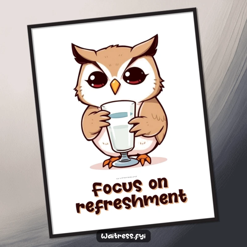 Funny Owl Poster: Artistic depiction of a determined owl refilling a glass, showcasing attentiveness, perfect for a funny gift.
