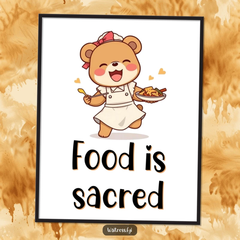 Funny bear waitress poster illustrating a happy bear comically tripping but saving the food, capturing a moment of hilarious recovery.