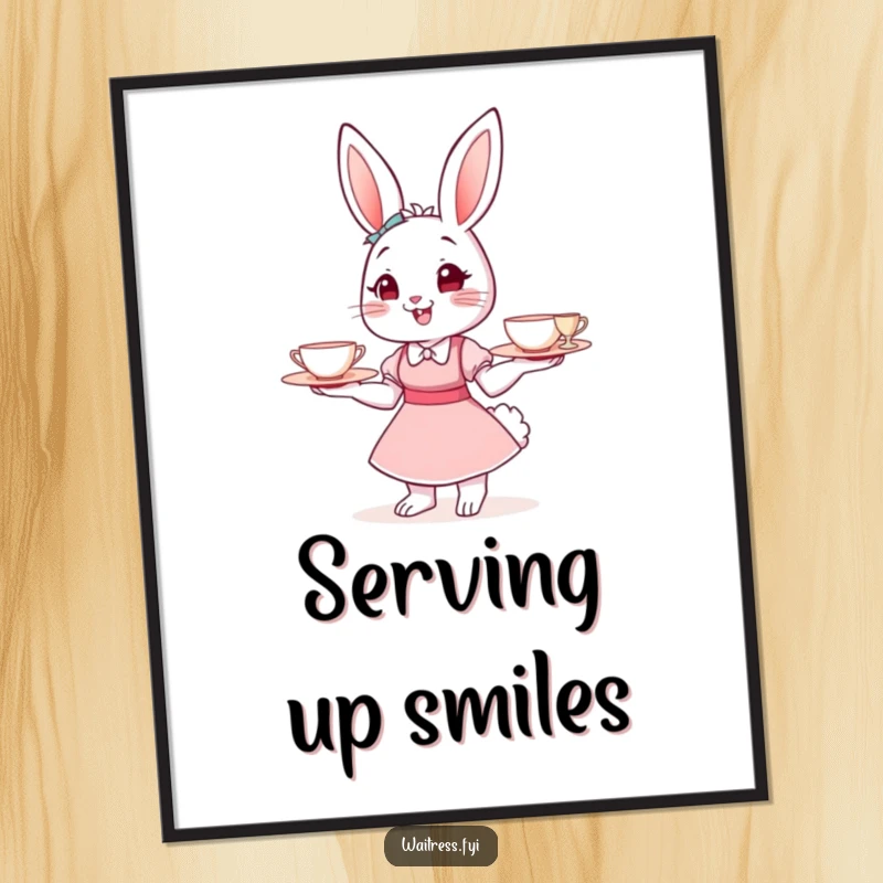 Funny Bunny Waitress Poster featuring a cute cartoon bunny holding a tray of teacups, perfect wall art and a funny gift idea.