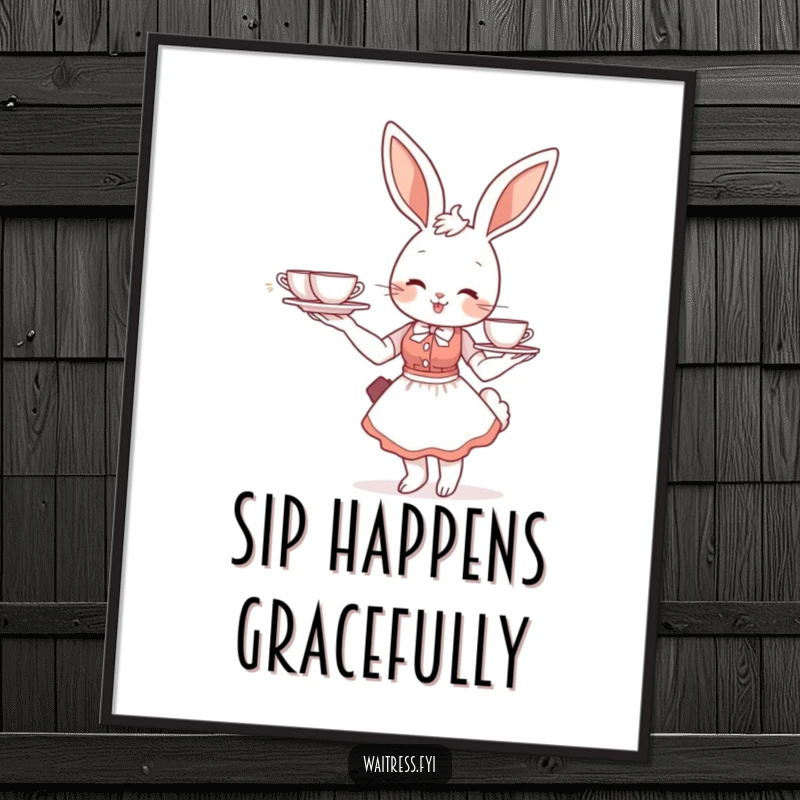 Funny bunny waitress poster showcasing a smiling bunny gracefully balancing a tray of teacups, adding refined humor to decor.