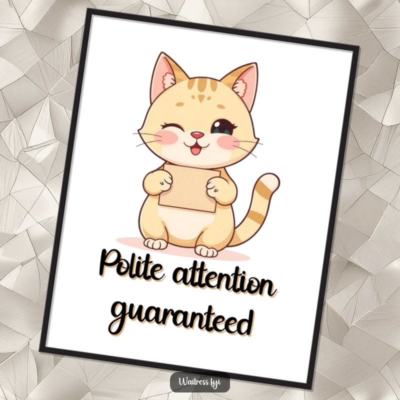 Funny cat order taker poster artwork of a happy cat taking an order with a polite nod, charming and humorous.