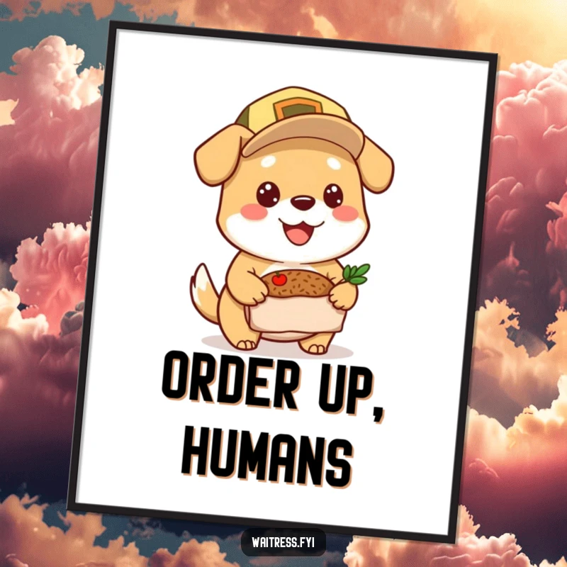 Funny Dog Poster: Cheerful dog wearing a cap, delivering a meal, bringing joy with funny art, perfect gift.