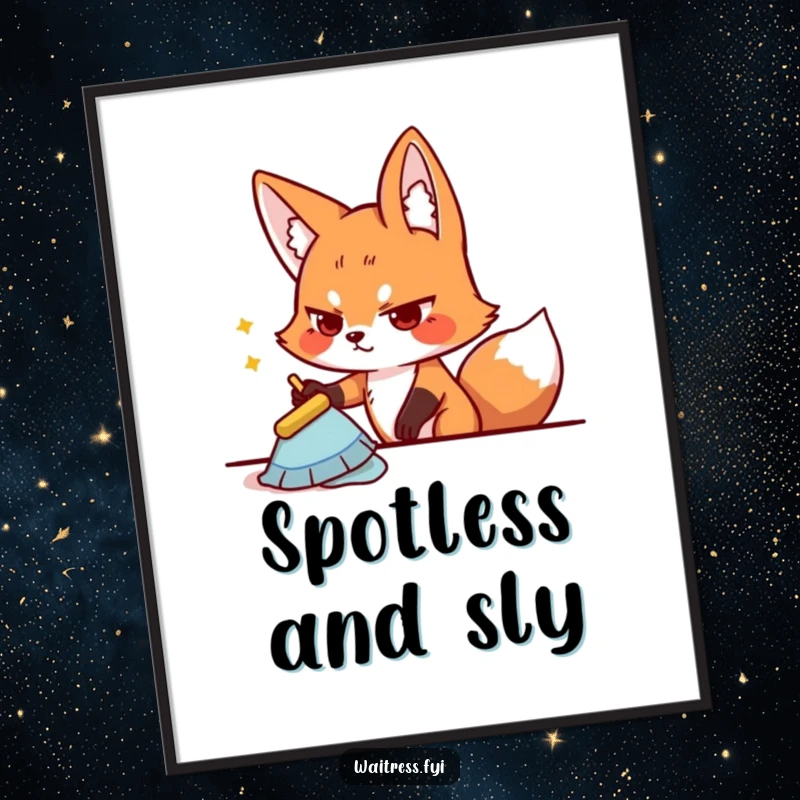 Funny playful fox character wiping a table with a determined expression, presented as a poster for home decor.