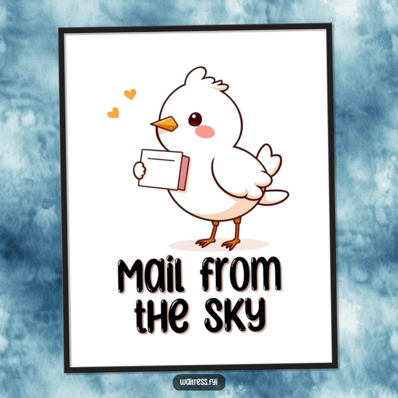 Funny Kawaii Bird Poster: An art print of a cute bird cheerfully delivering a small note, spreading good news.