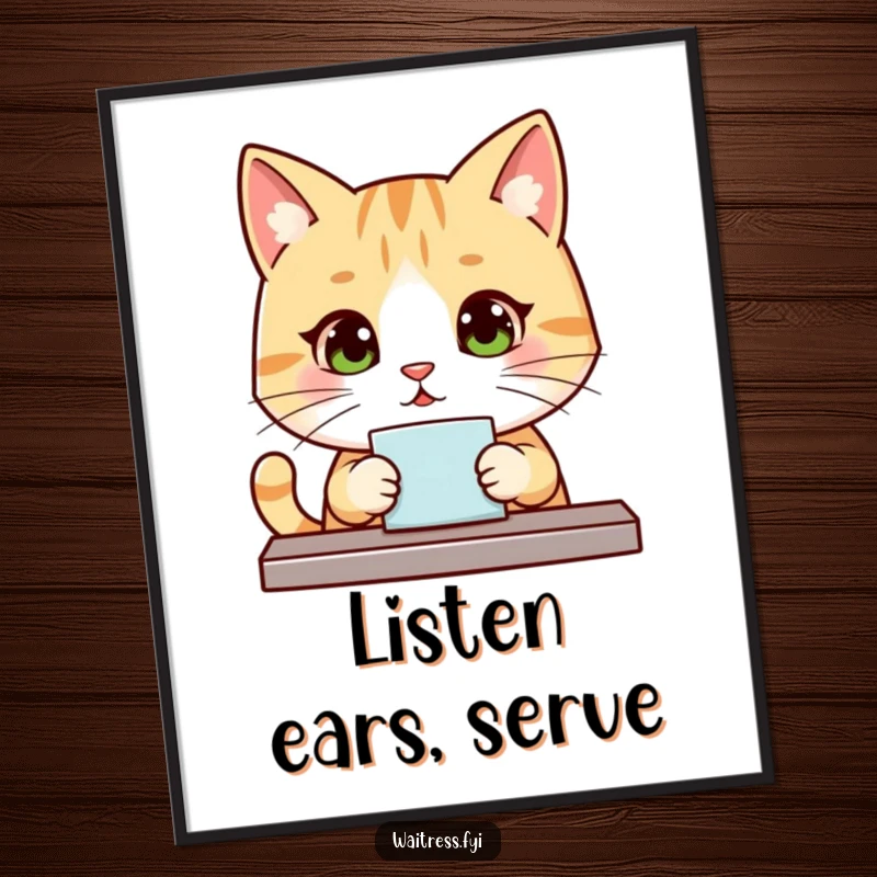 Funny Kawaii Cat Poster: A cute cat in a server role, with a polite and attentive expression, adding charm to any wall.