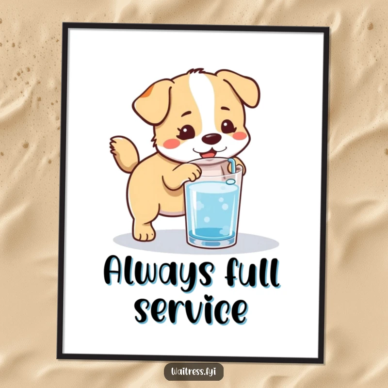 Funny Kawaii Dog Poster: A cute, tail-wagging dog refilling a water glass, celebrating helpfulness and adding cheer.