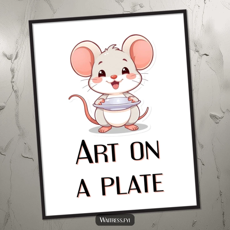Funny Kawaii mouse poster showing a smiling mouse presenting a plate with a flourish, perfect for elegant decor.