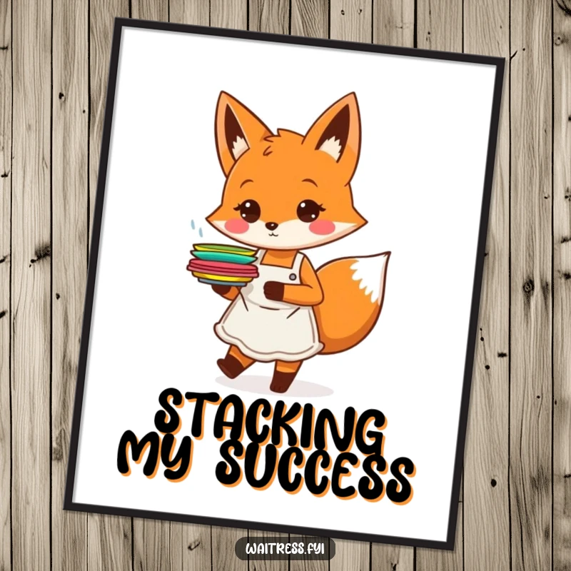 Funny orange fox character with an apron, happily carrying plates, on a poster, a funny food lover gift.