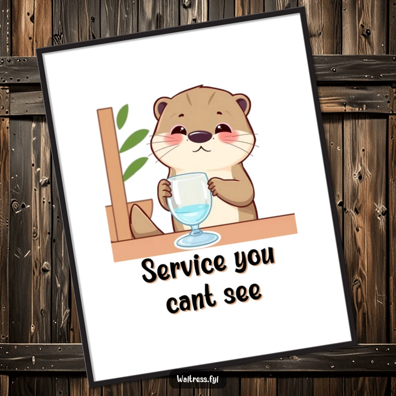 Funny Otter Poster: A contented otter server meticulously polishes an invisible glass, capturing a moment of quiet, humorous dedication on your wall.