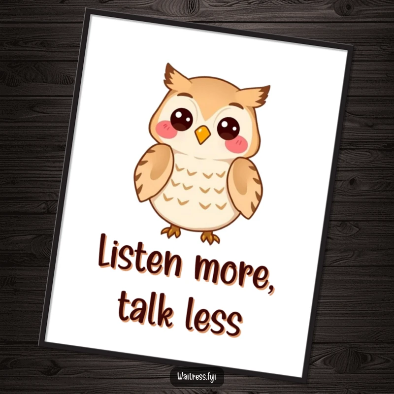 Funny Owl Listener Poster showing a cheerful owl character attentively listening with a knowing smile, representing empathy and quiet wisdom.