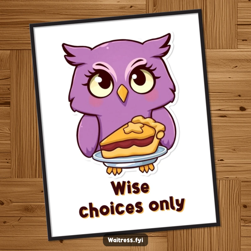 Funny purple owl with a quizzical look meticulously serves a delightful pie, creating charming wall art.