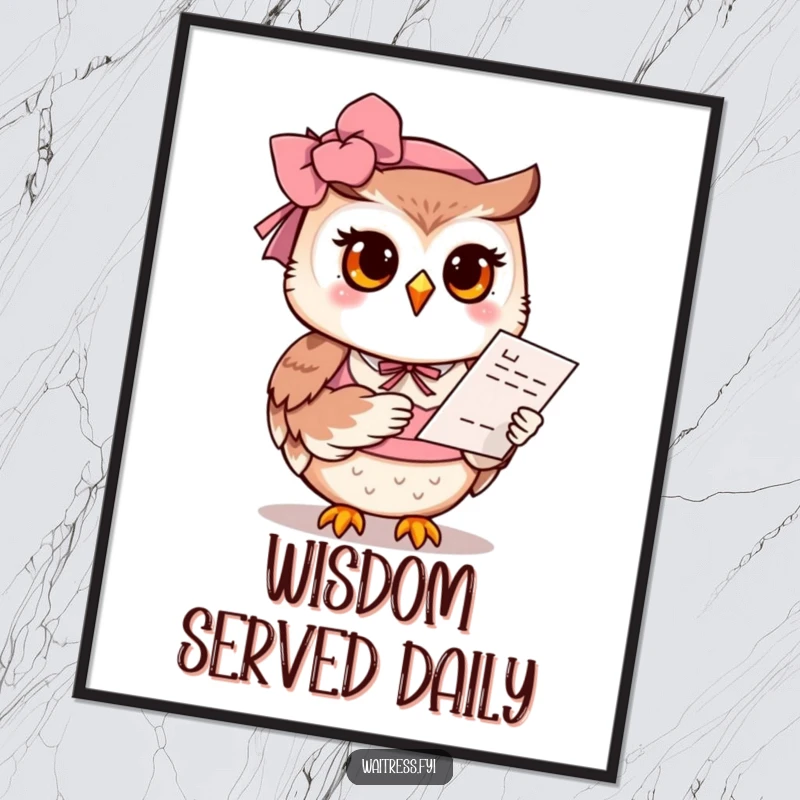 Funny Owl Waitress Poster: A polite owl with a kind smile offers a menu, creating a warm and humorous focal point for your wall.