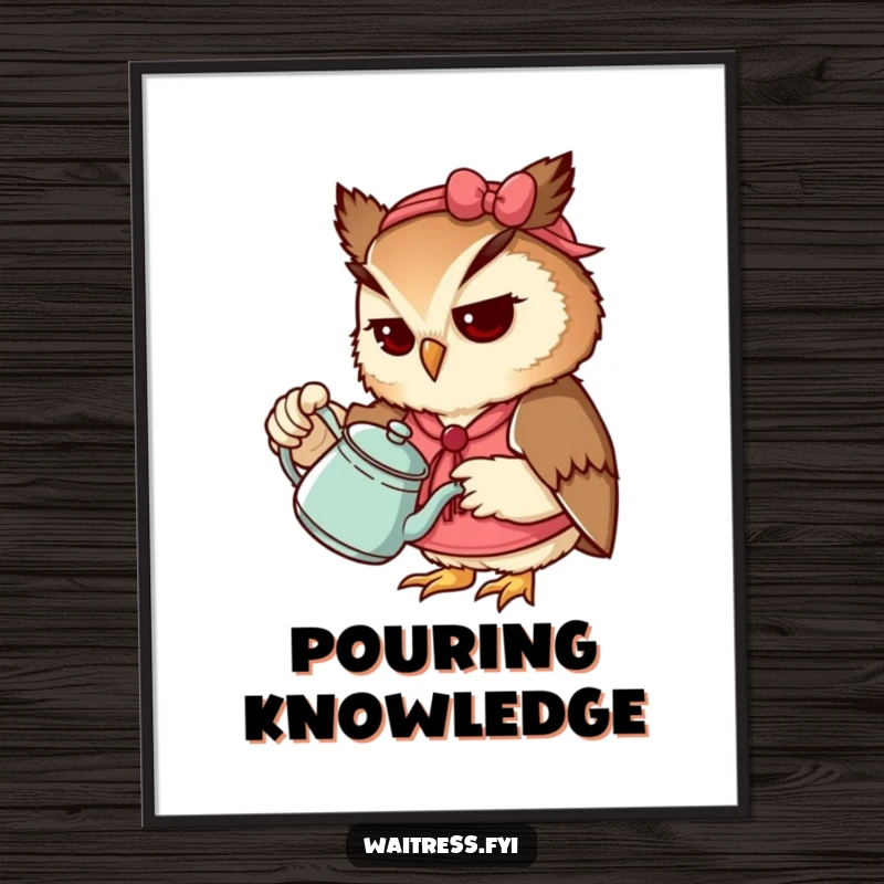 Funny Owl Waitress Poster with a determined owl pouring tea from a teapot, perfect wall art and a funny gift idea.